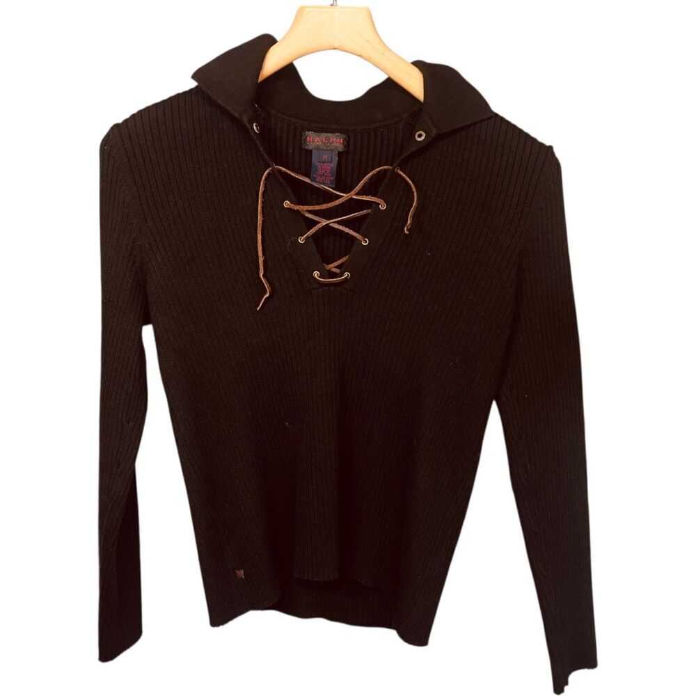 Ralph Ralph Lauren Ribbed V Neck Long Sleeve Sweater with Lace Up Detail